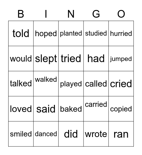 verb tense Bingo Card