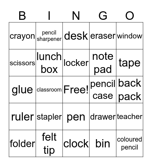 school Bingo Card