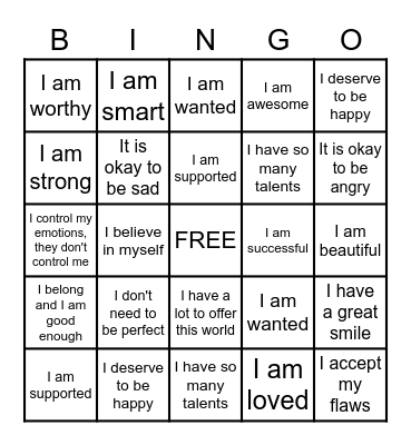 Positive Affirmations Bingo Card