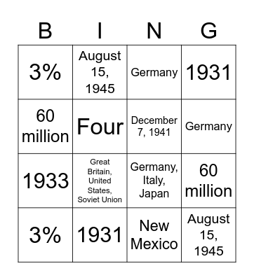 World War II Bingo Card