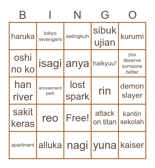 Nerine Bingo Card