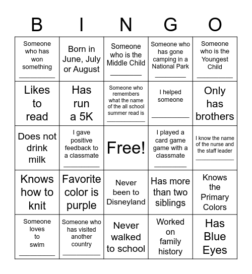 7th Grade Trip Bingo Card