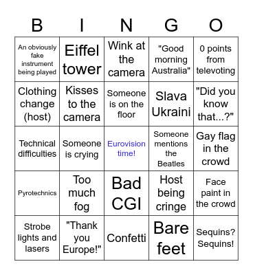 Eurovision 2023 Bingo Card