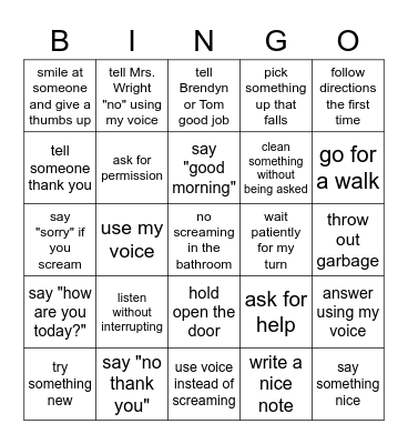 Life Skills Behaviours Bingo Card