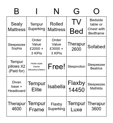 Bed Shop Bingo Card