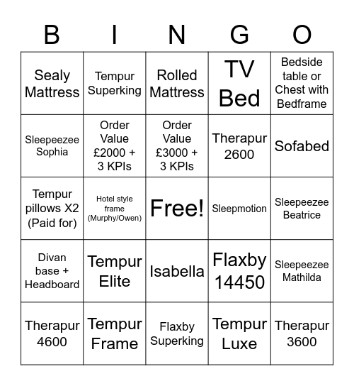 Bed Shop Bingo Card