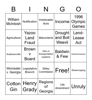 Georgia Studies Bingo Card