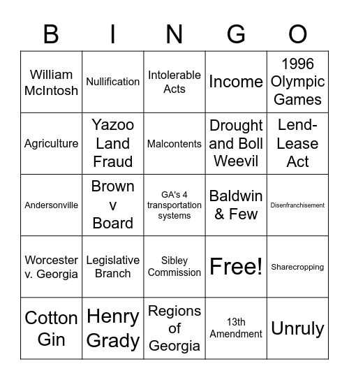 Georgia Studies Bingo Card