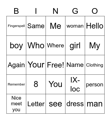 ASL Unit 1 bingo Card