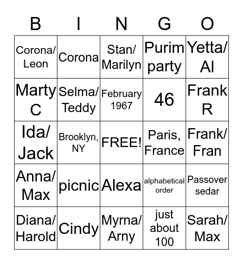 Purim Cousin's Club Bingo Card