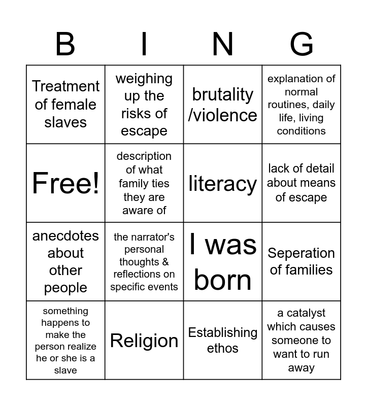 Features Of Slave Narratives Bingo Card