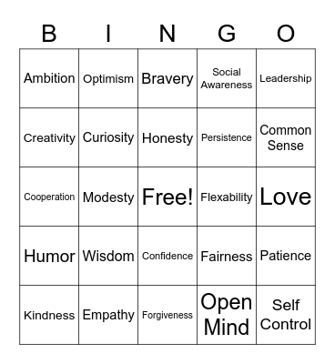 Self-Esteem Bingo Card