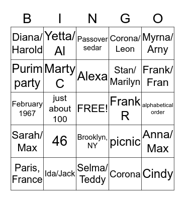 Purim Cousin's Club Bingo Card