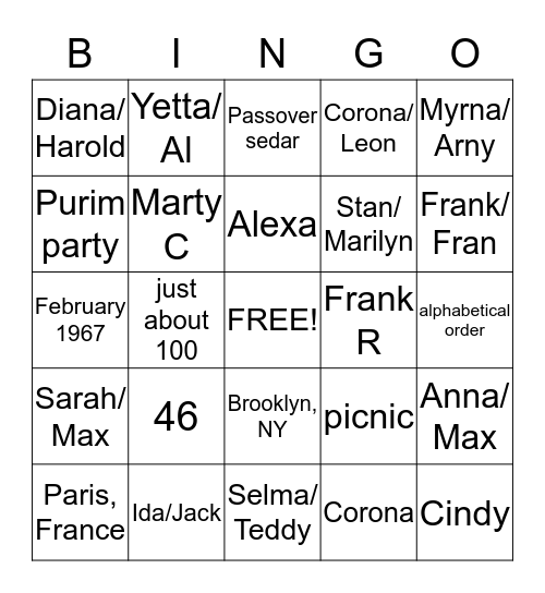 Purim Cousin's Club Bingo Card