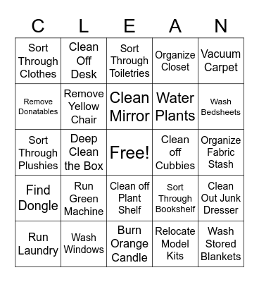 Room Cleaning Bingo Card