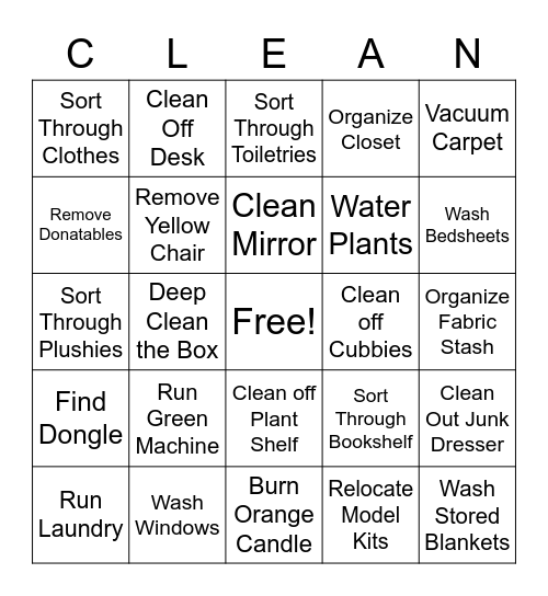 Room Cleaning Bingo Card
