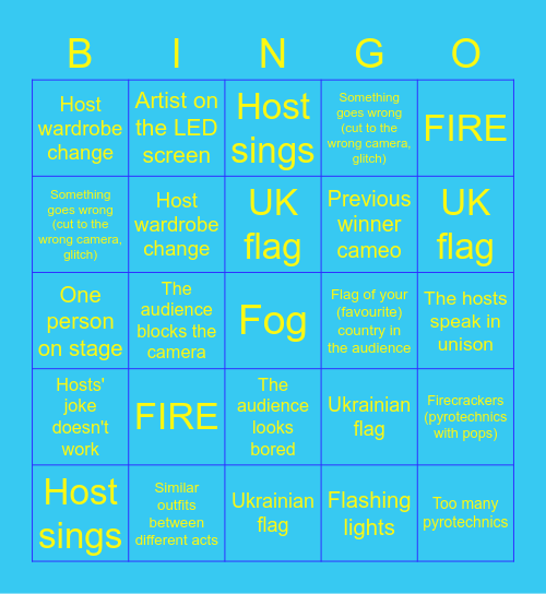 Eurovision 2023 Bingo Card