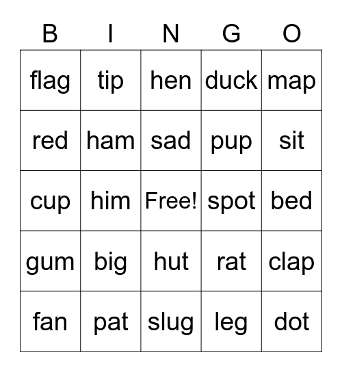 cvc word bingo Card