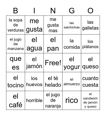 Duff Span 1- Las Comidas y Las Bebidas Bingo Card