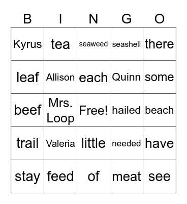 2nd grade bingo Card
