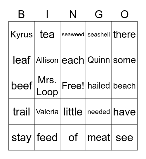 2nd grade bingo Card