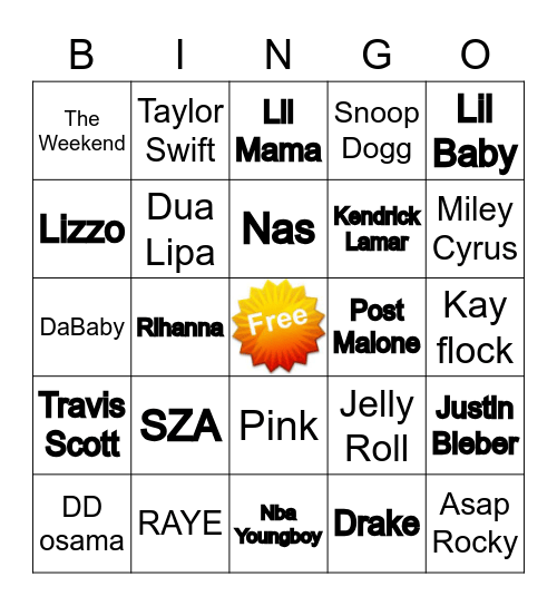 Music Artist Bingo Card