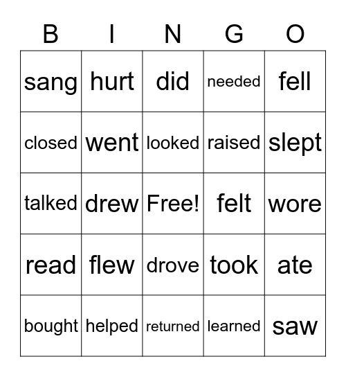 Regular and Irregular Past Tense Verbs Bingo Card