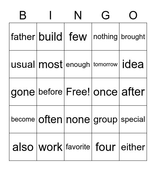Sight Words Bingo Card