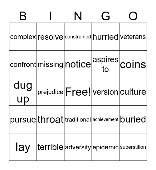 Fall Vocabulary Bingo Card