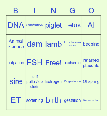 Livestock Parturition Bingo Card