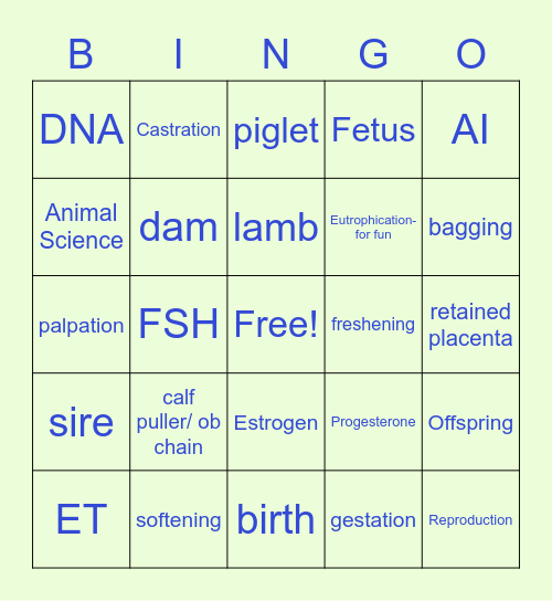 Livestock Parturition Bingo Card