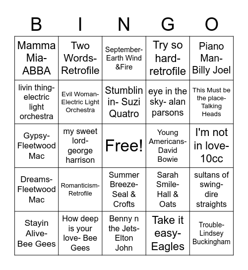 70's Hits Mixtape Bingo Card