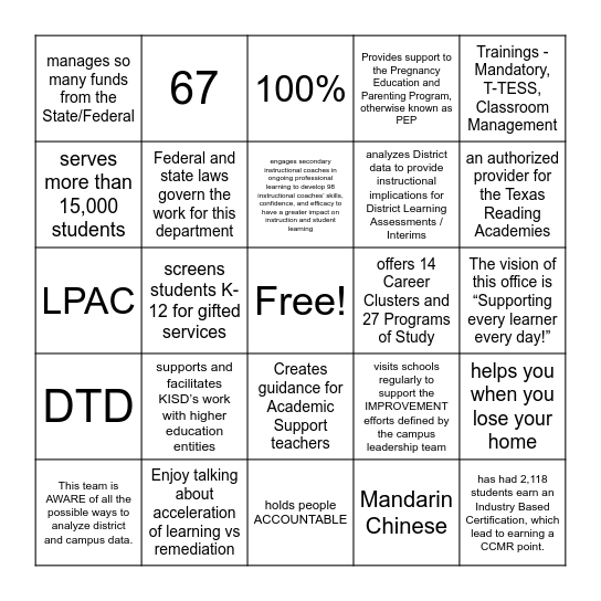 T&L Department Updates Bingo Card