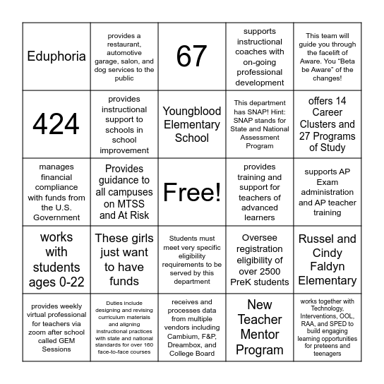 T&L Department Updates Bingo Card