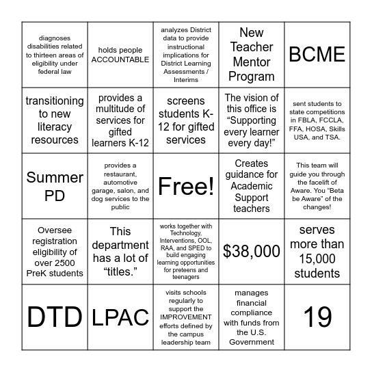 T&L Department Updates Bingo Card