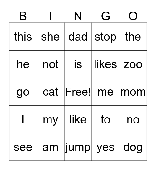 Word Wall Words Bingo Card