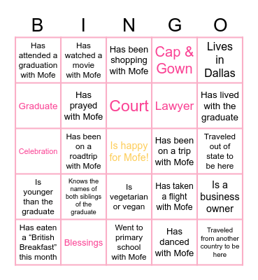 Mofe's Law School Graduation BINGO! Bingo Card