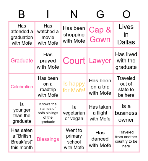 Mofe's Law School Graduation BINGO! Bingo Card