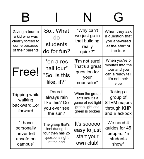 Tour Guide Bingo Card