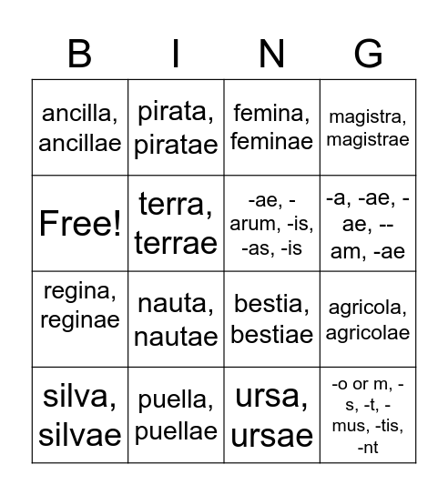 Lively Latin Vocabulary A Bingo Card