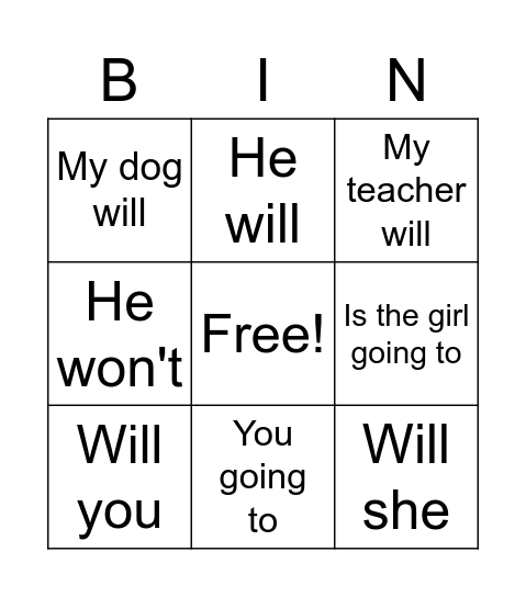 Future with Will and Going To Bingo Card