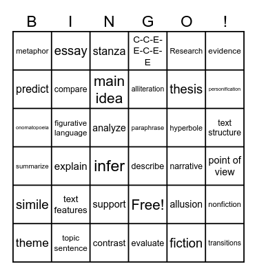 ELA Vocabulary Bingo Card