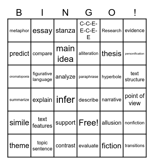 ELA Vocabulary Bingo Card