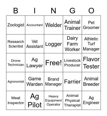 Ag Careers Bingo Card