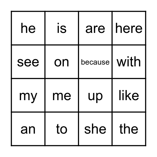 Sight Word Bingo Card