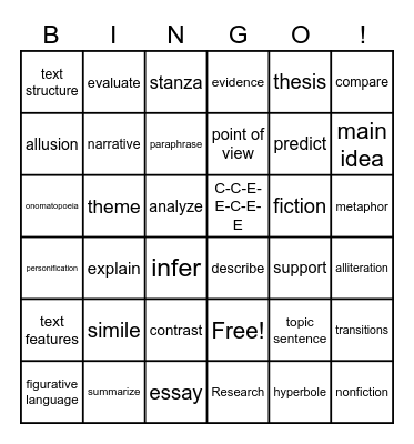 Vocabulary Review Bingo Card