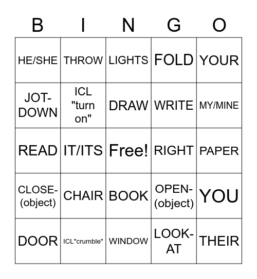ASL Unit 1 Vocab Bingo Card