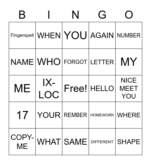 ASL Bingo Card