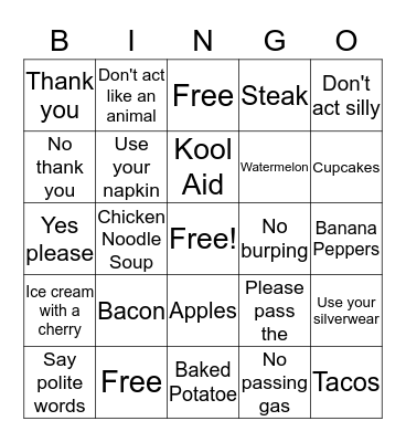 Family Mealtime Bingo Card