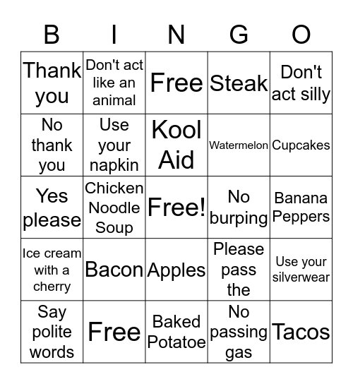 Family Mealtime Bingo Card